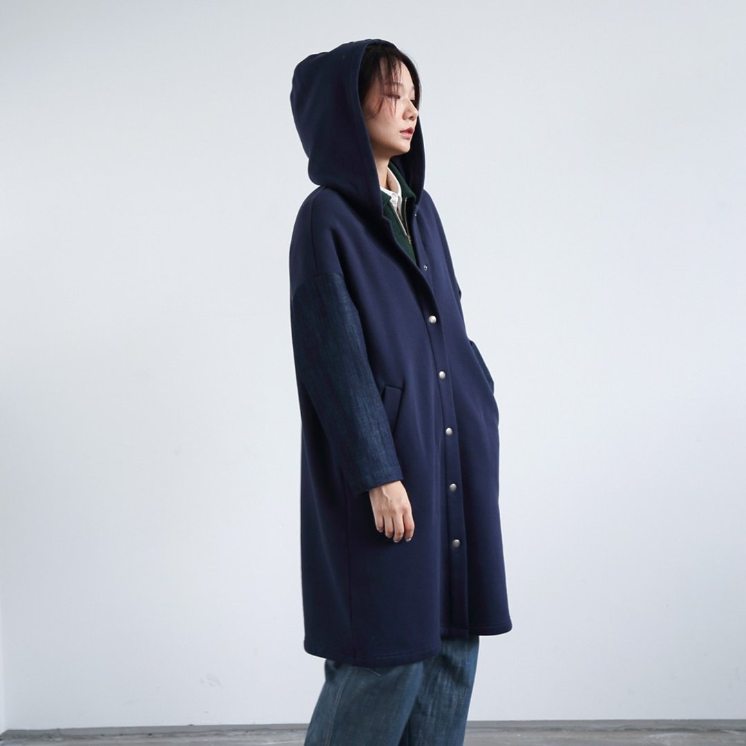 牛仔拼袖長版加厚連帽外套 大衣 帽T O200905 - 女装上衣 - 棉 蓝色