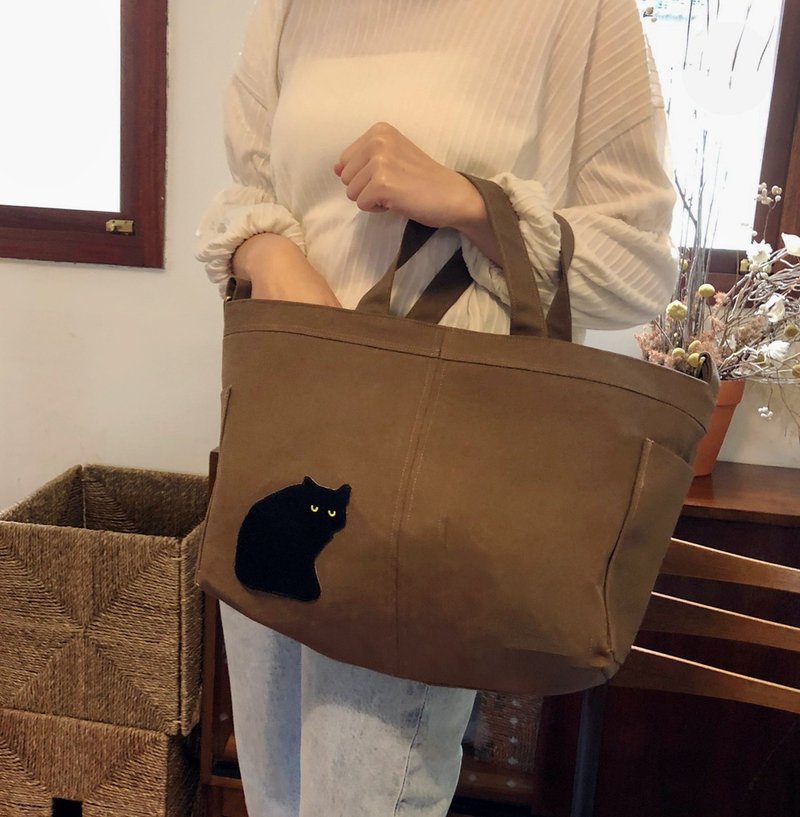 手工黑猫纯色两用提袋 - 手提包/手提袋 - 其他材质 咖啡色