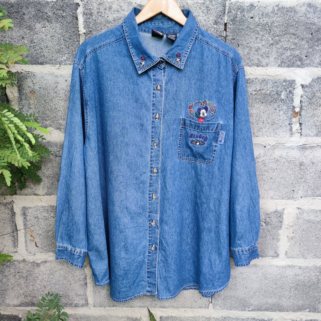 Vintage 90s Mickey Mouse Long Sleeve Embroidered Jeans Shirt Size XL - 其他 - 棉 蓝色