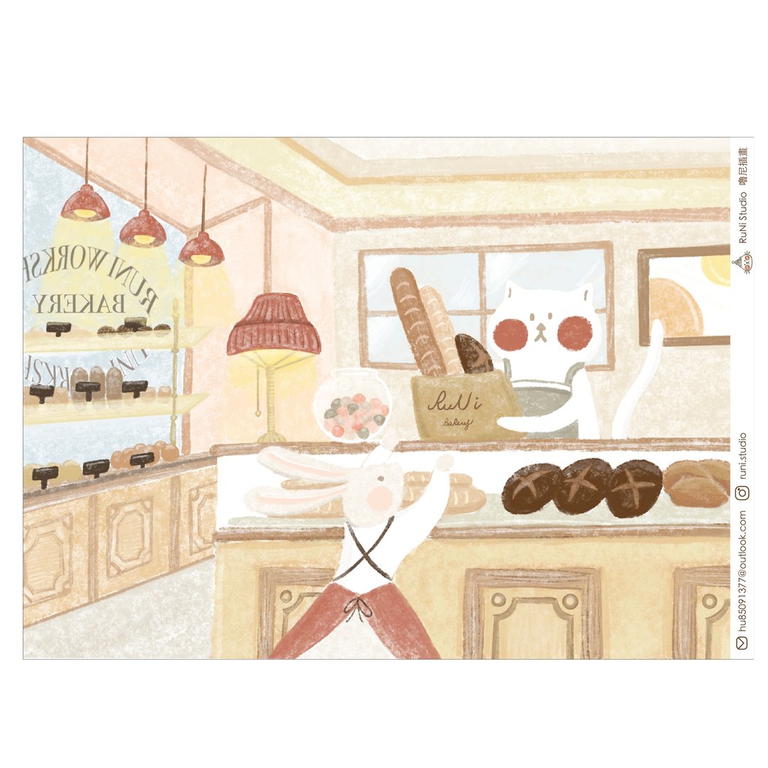 【噜尼插画】噜尼面包店 |明信片 - 卡片/明信片 - 纸 白色