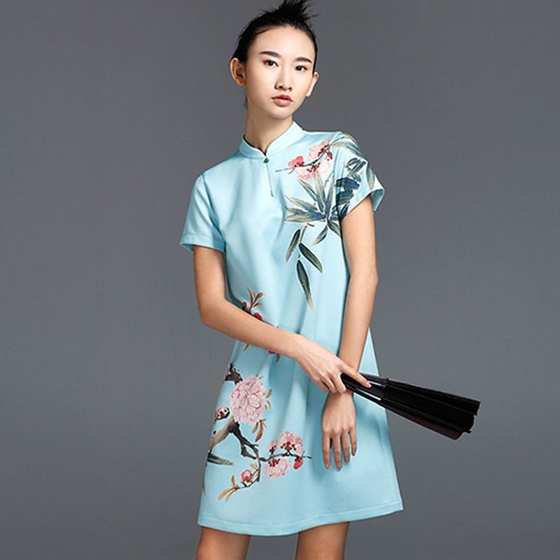 仙源中國風翡翠扣旗袍 / 立領印花改良款 / 新中式短款連衣裙 - 洋装/连衣裙 - 其他材质 蓝色