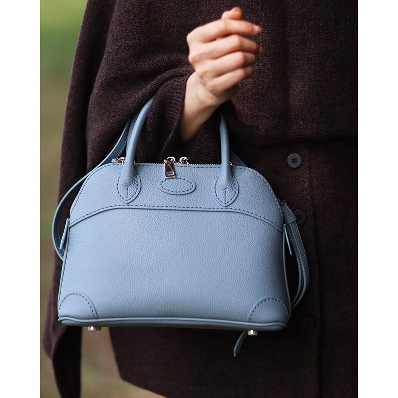 handmade全手缝真皮斜挎包手提包手作貝殼包头层牛皮灰蓝色 - 侧背包/斜挎包 - 真皮 蓝色