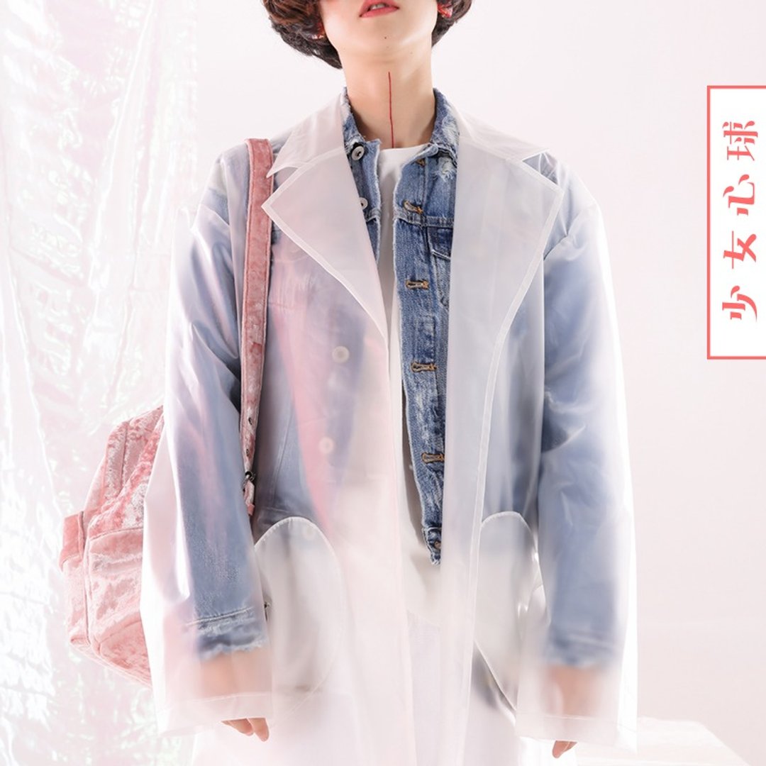 爱心口袋的长款风衣特殊TPU材质雨衣半透明日系原宿挡风原创外套 - 女装西装外套/风衣 - 其他材质 透明