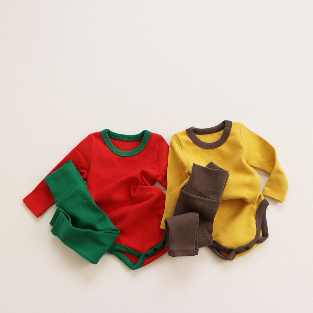 韩国红绿/黄棕拼色厚棉连身衣套装 •X Suit Set• - 包屁衣/连体衣 - 棉 