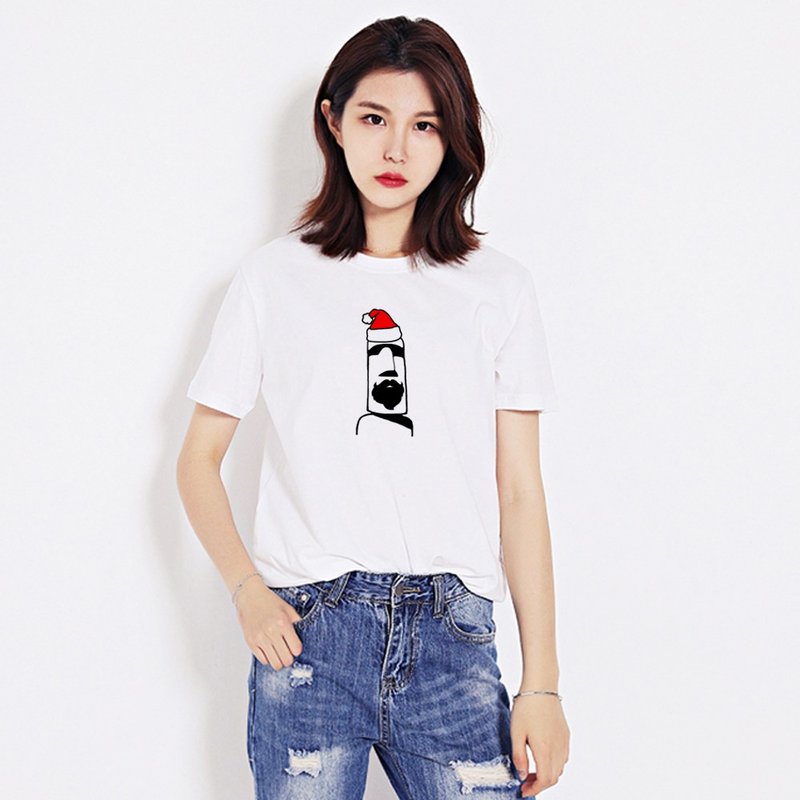 摩艾 圣诞 男女短袖T恤 白色 老公公 礼物 Xmas 石像 胡子 Moai  - 女装 T 恤 - 棉．麻 白色