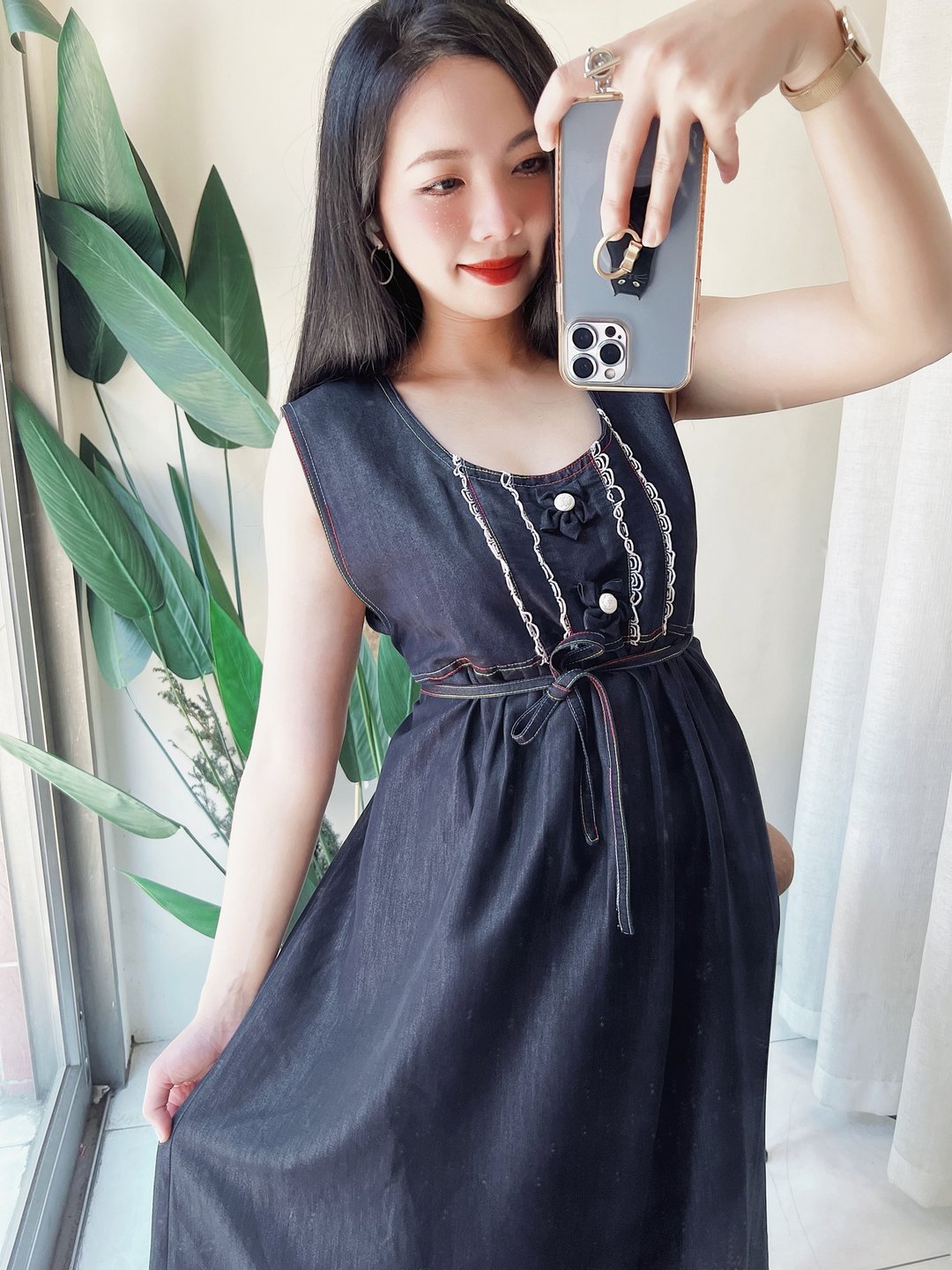 黑蓝色软料棉质立体花滚边 古着洋装连衣裙连身裙 vintage dress - 洋装/连衣裙 - 棉 黑色