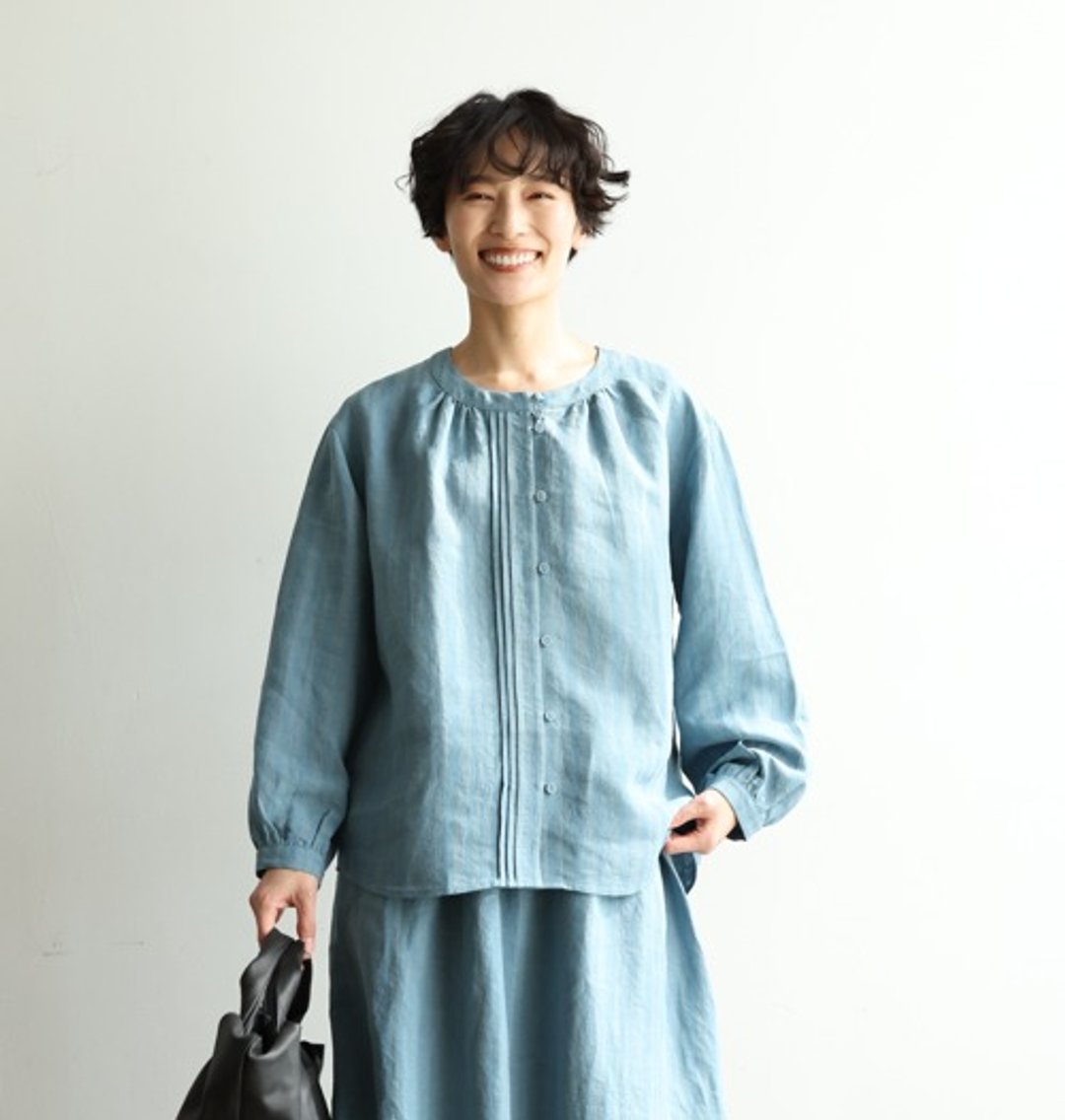 细致条纹亚麻衬衫 100%纯亚麻 先染工艺 立体针褶 清新蓝240413-3 - 女装上衣 - 棉．麻 
