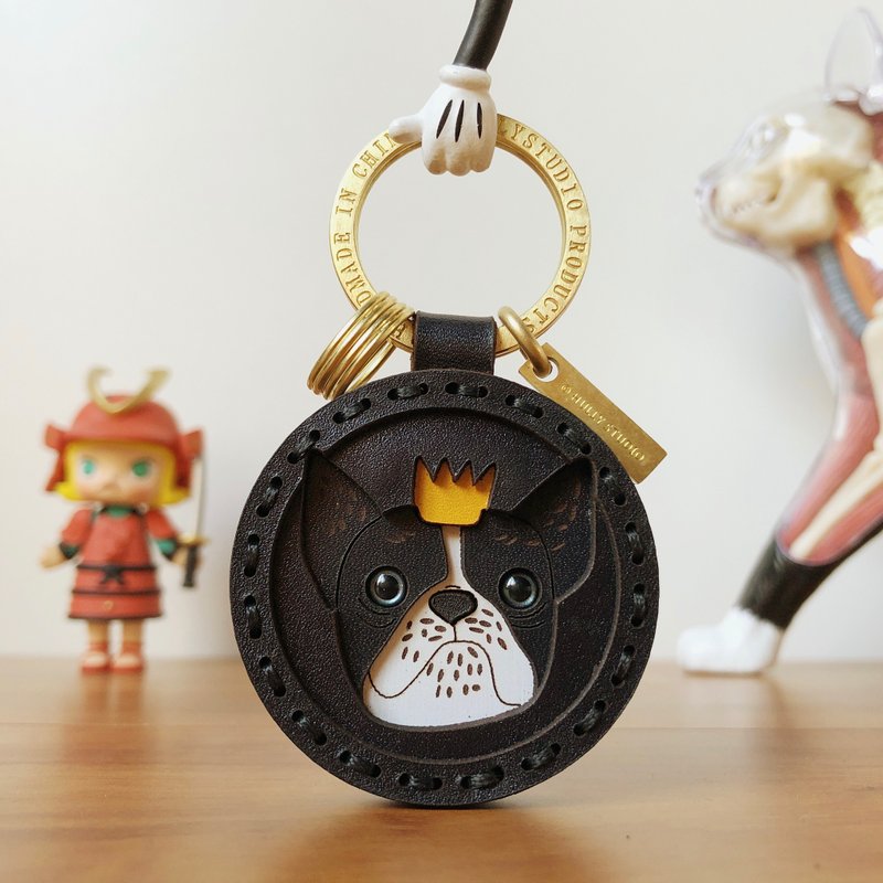 法斗狗狗原创设计牛皮钥匙扣挂件情侣生日礼物送男友女友客制化礼品 - 钥匙链/钥匙包 - 真皮 黑色