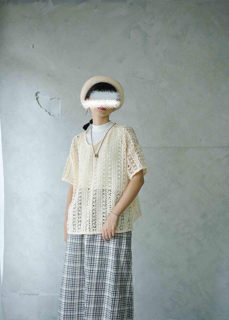 寻宝古着-奶油白篓空钩织连袖上衣 - 女装针织衫/毛衣 - 聚酯纤维 白色