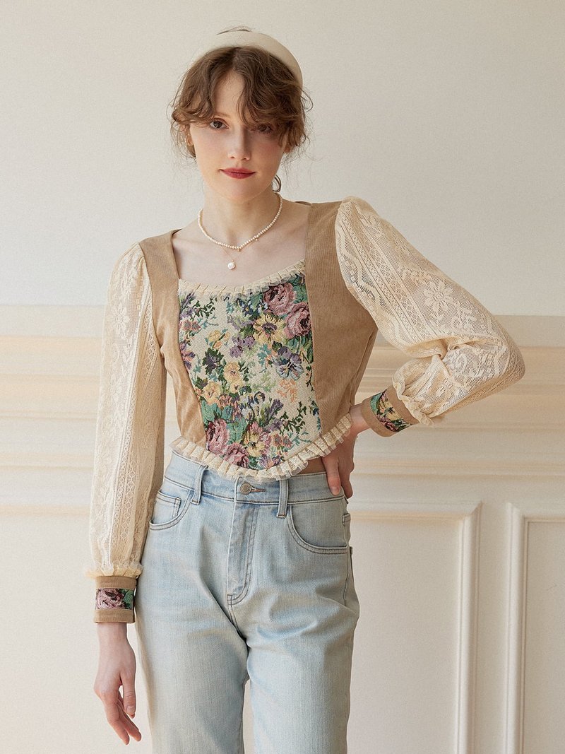【SR全館一件包郵】Cosette 复古玫瑰提花蕾丝袖衬衫 - 女装上衣 - 聚酯纤维 卡其色