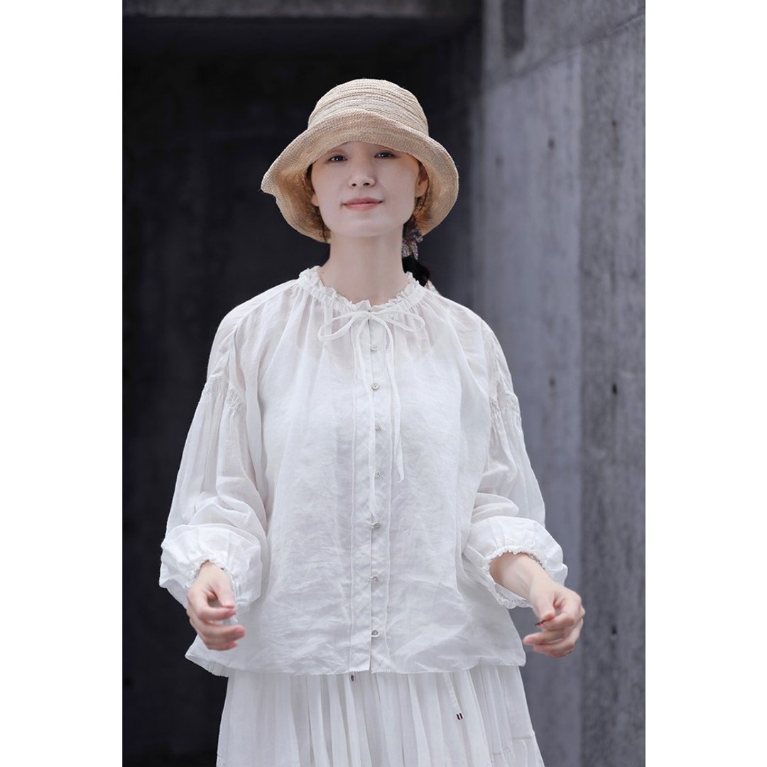 纯苎麻圆领白色泡泡袖宽松休闲衬衫 - 女装衬衫 - 棉 