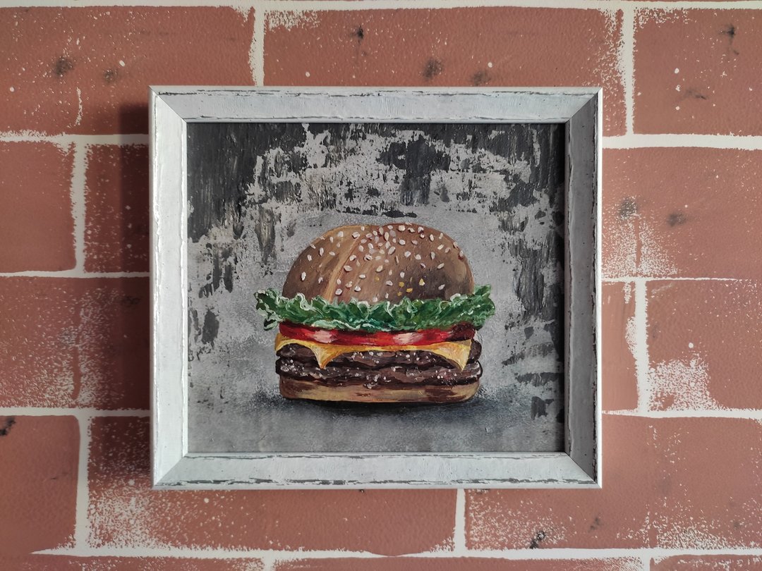 Hamburger painting framed, Food art cheeseburger painting kitchen wall decor - 墙贴/壁贴 - 压克力 多色