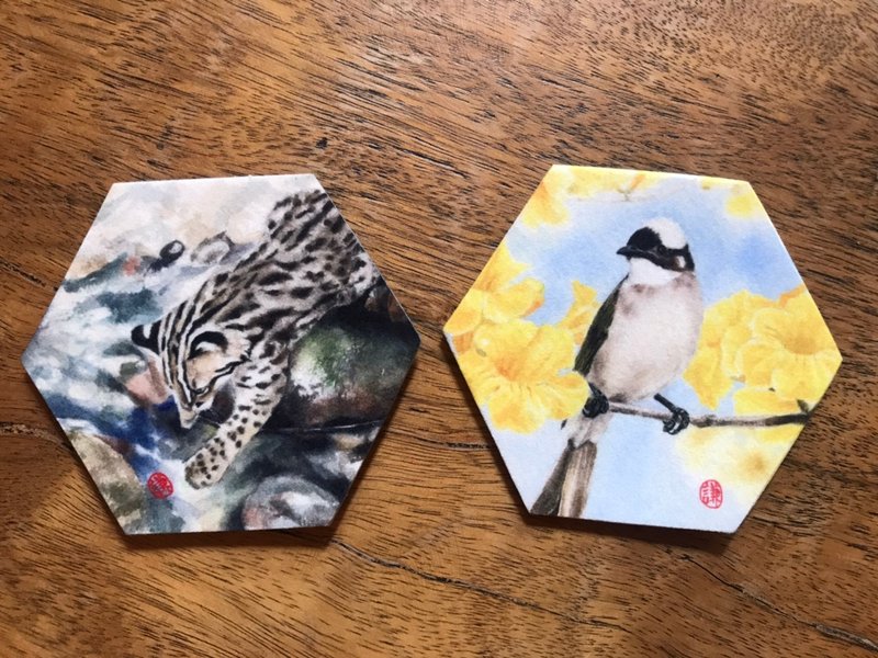 六角杯垫 石虎戏水款 / 黄花白头翁款/水浴雀球款 - 杯垫 - 聚酯纤维 多色