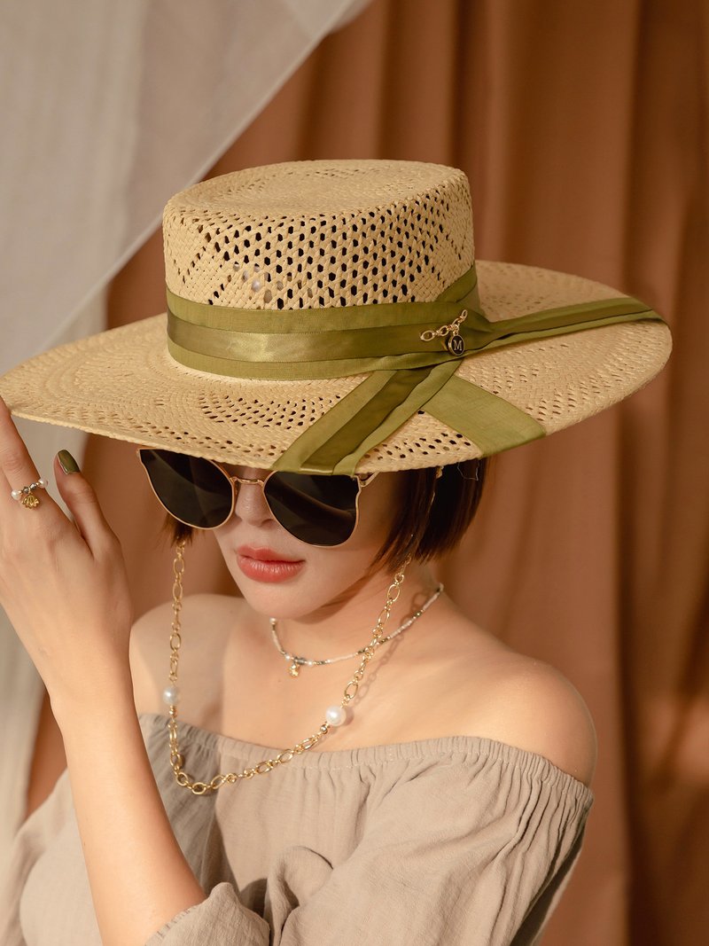 那个女孩叫夏天。MUCHAT手作14KPG交错缎带编织平草帽 - 帽子 - 聚酯纤维 绿色