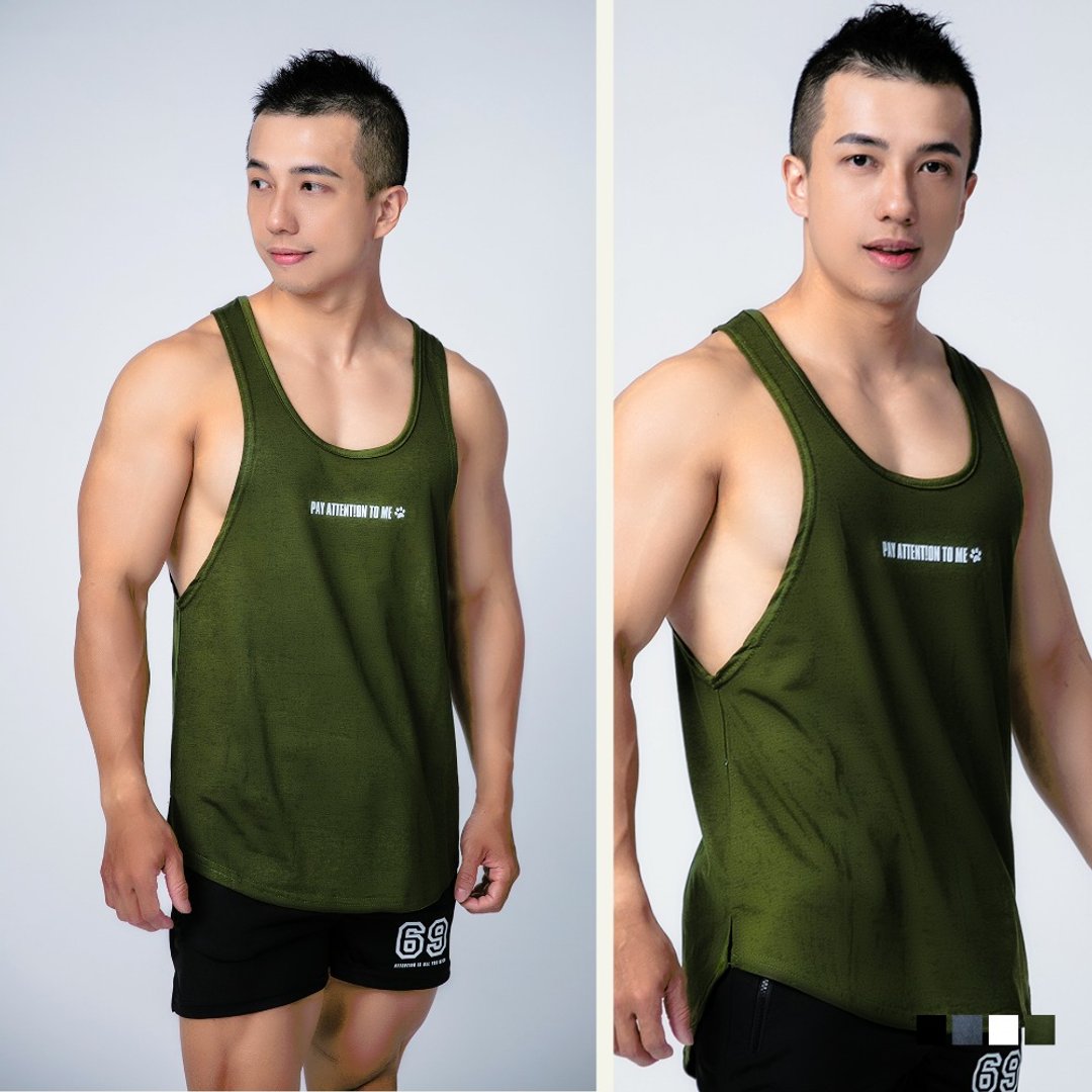 PAY ATTENTION TO ME运动弹力背心【军绿色】#侧肌展露 #轻薄透气 - 男装背心 - 棉 绿色