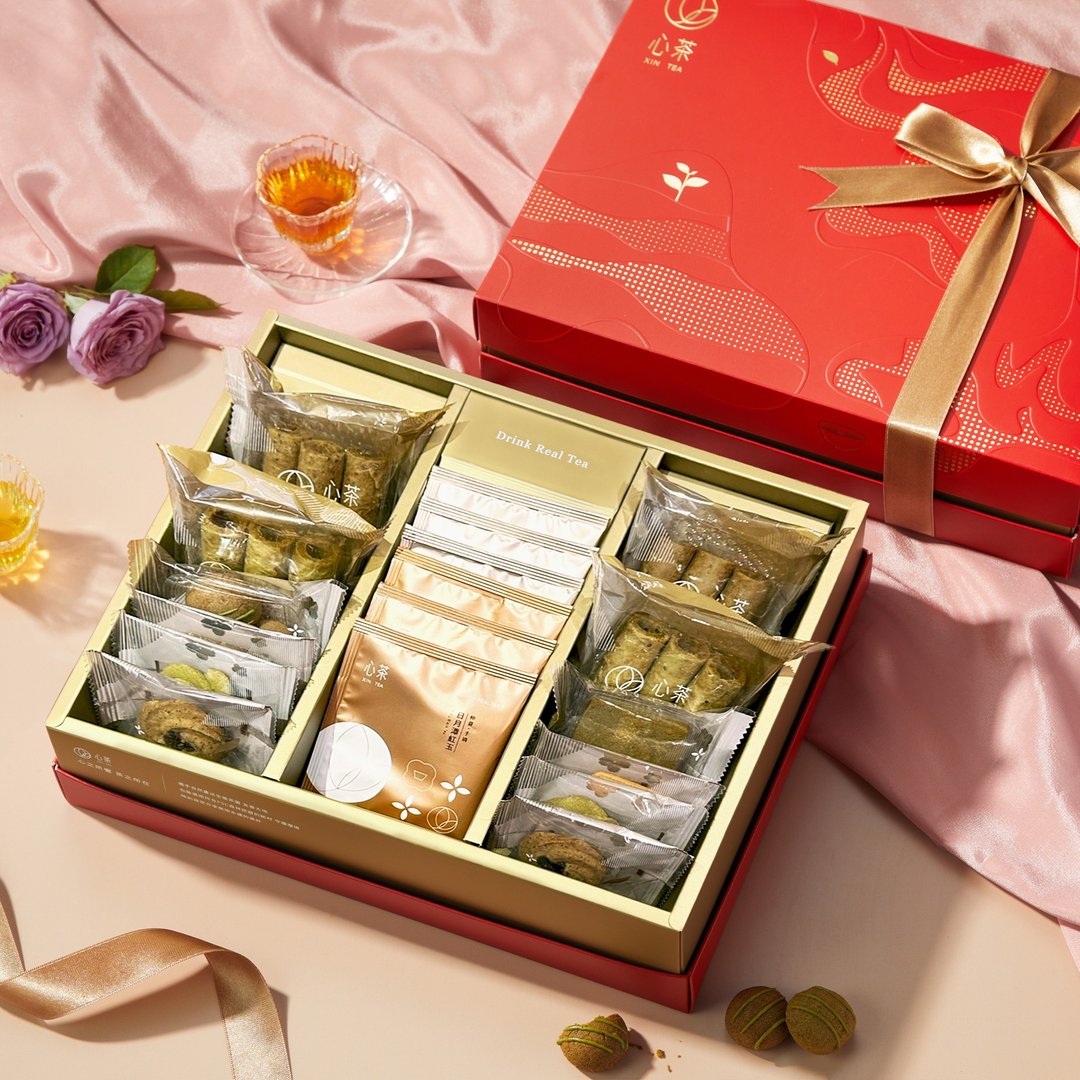 【心茶X七见樱堂】喜饼礼盒 茶饼X茶 18入 | 定制化烫金 - 手工饼干 - 新鲜食材 
