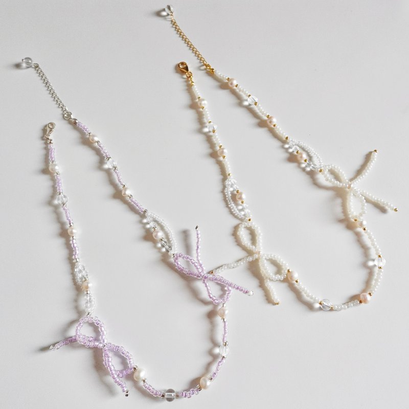 Lily Valley 日系感双蝴蝶结 | 手工串珠项链 - 项链 - 半宝石 白色