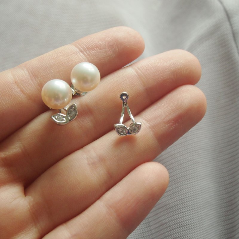 免邮优惠 春夏的小叶, 珍珠纯银耳针耳环 - 一物多用 多种戴法 - 耳环/耳夹 - 宝石 灰色