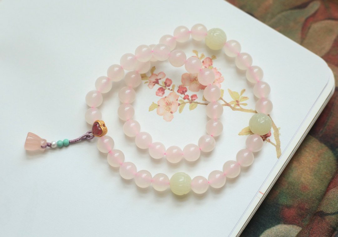 天然和阗玉/和田玉-藕粉玉 和田玉莲花珠设计项链多圈手串项链s - 手链/手环 - 宝石 粉红色