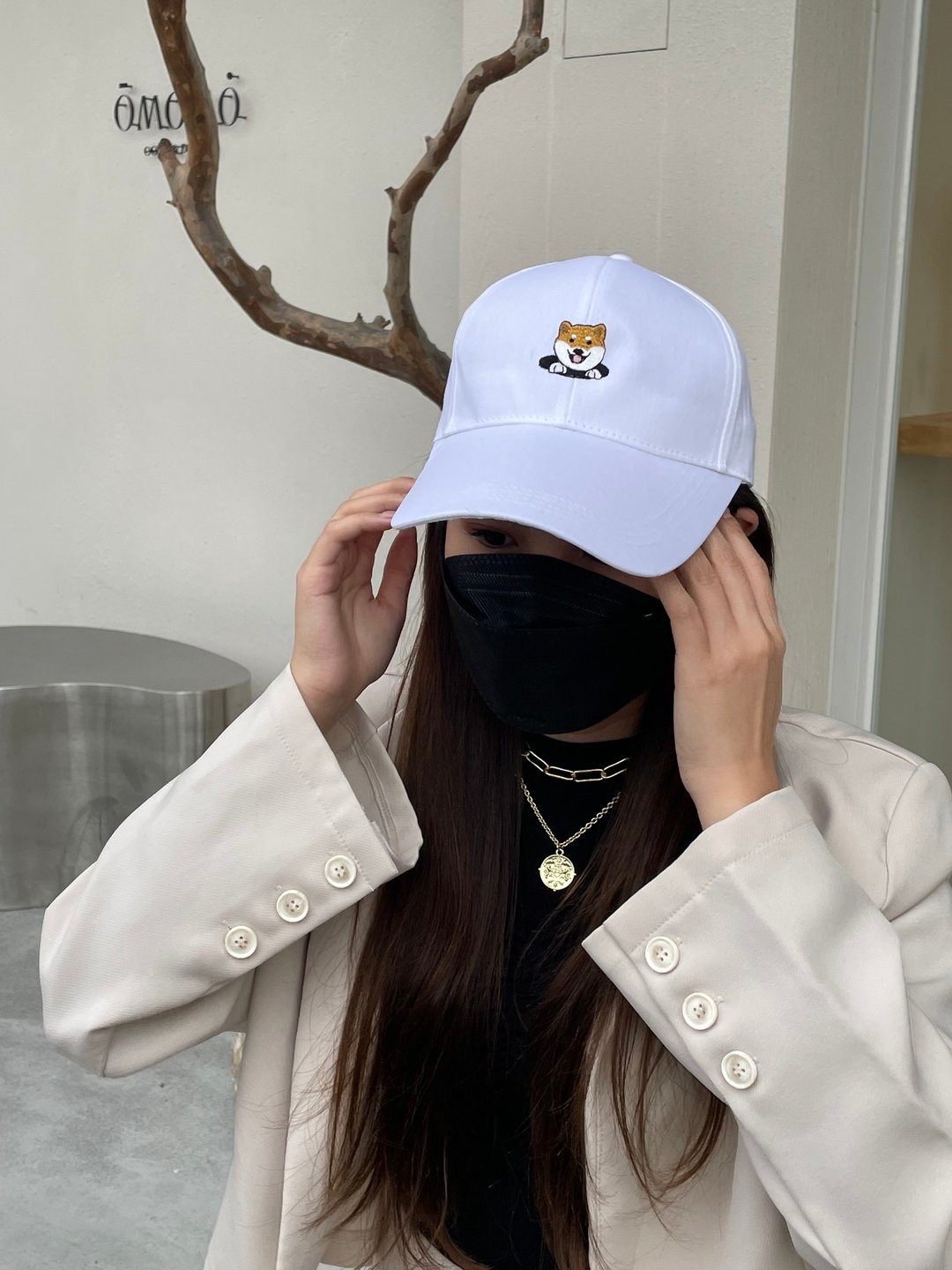 小饭团 柴柴图案刺绣棒球帽 可调式纯棉白色 台湾制 - 帽子 - 棉 