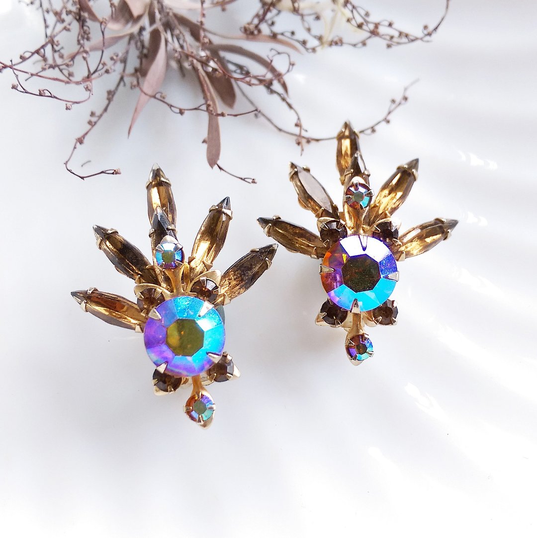 Vintage Jewelry  长马眼 立体放射花形 莱茵 大耳环 夹式耳环 - 耳环/耳夹 - 其他材质 金色
