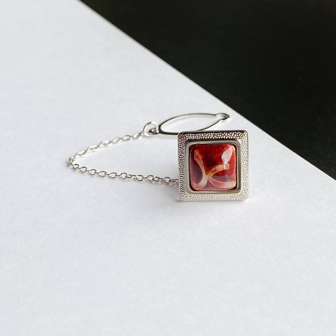Ribbon [Ruby Ruby] Cloisonne Tie Tack Lapel Pin Pure Silver Wired Cloisonne - 领带/领带夹 - 其他材质 红色