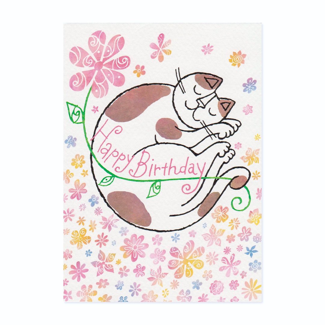 日本插画家 冈部哲郎 猫咪生日卡片【生日快乐 献上漂亮的花】 - 卡片/明信片 - 纸 粉红色