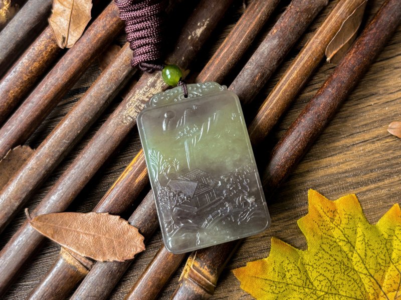 【一物一图】天然鸳鸯俏糖色飘烟青玉雕刻山水牌吊坠 手编绳 项链 - 项链 - 玉石 多色