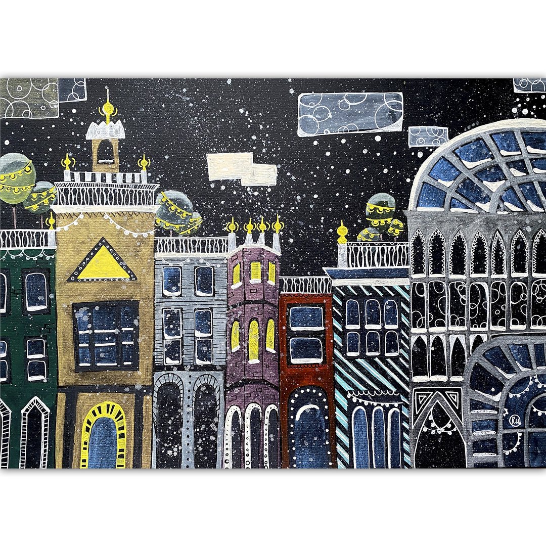 Cityscape painting Night Original art Watercolor wall decor Houses artwork - 海报/装饰画/版画 - 纸 多色