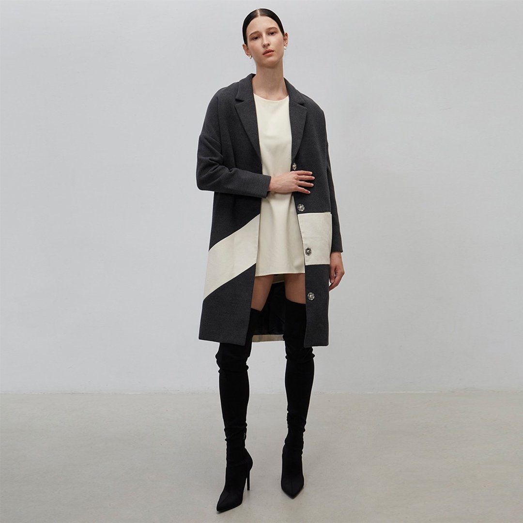 斜型剪裁双色拼接长版毛大衣外套(灰)│Who Cares 台湾服饰品牌 - 女装休闲/机能外套 - 棉 灰色