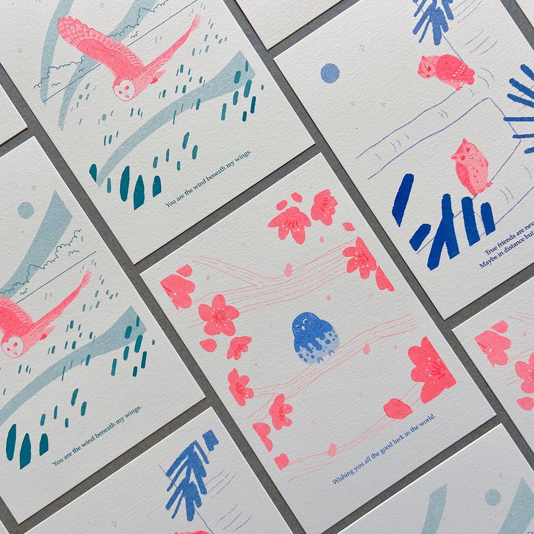 孔版印刷明信片 Risograph | 台湾的猫头鹰们 1 组 3 款入 - 卡片/明信片 - 纸 