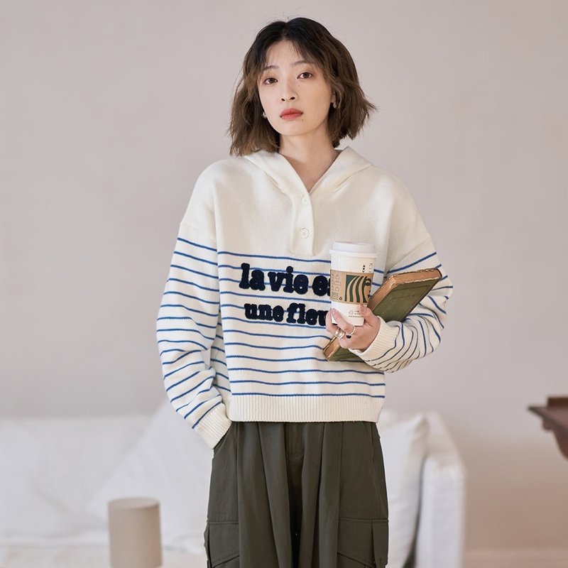 连帽针织条纹卫衣|外套|两色|春款|Sora-1134 - 女装针织衫/毛衣 - 棉．麻 多色