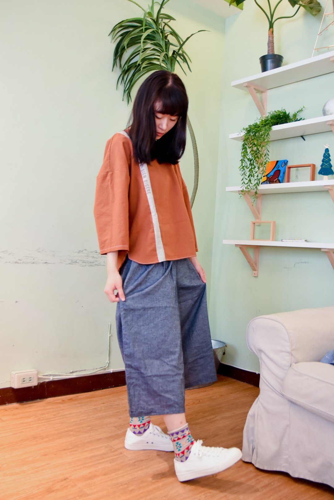 八分修身宽裤 - 女装长裤 - 棉．麻 蓝色