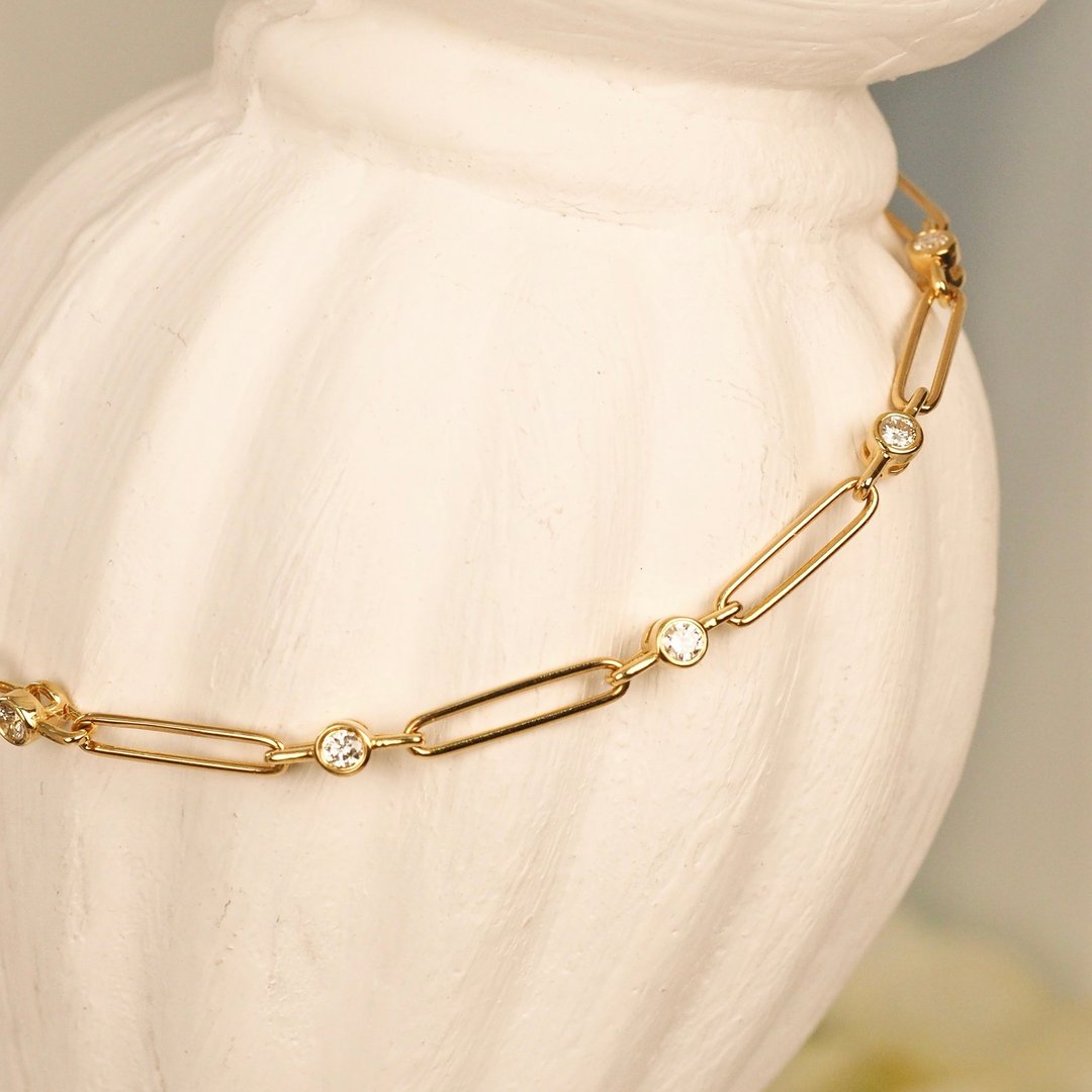 18K金镶边钻石手链 18K Gold The Bezel Diamond Link Chain Brac - 手链/手环 - 贵金属 