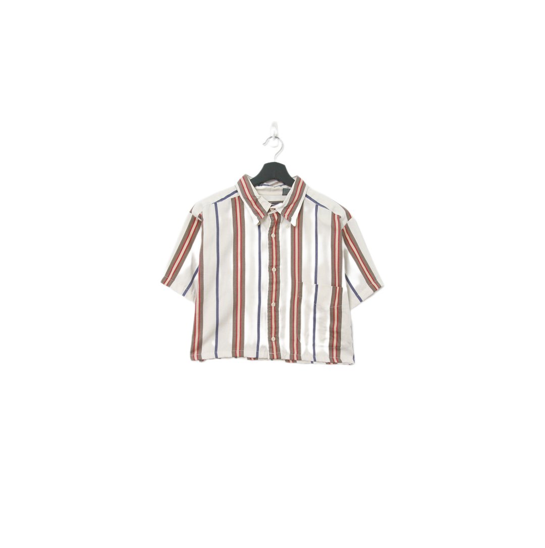 Back to Green-再制条纹短板衬衫 象牙米色ds-06//vintage shirt - 女装衬衫 - 棉 