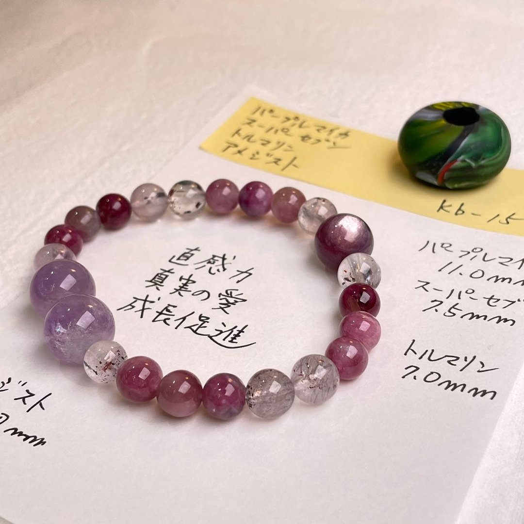 紫锂云母 碧玺 金草莓 天然矿石 能量 手作礼物 日本制 水晶手链 - 手链/手环 - 水晶 多色