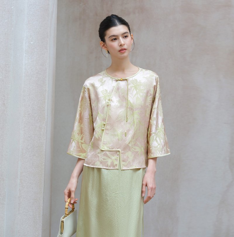 【初蝉衣事】新中式复古中国风 人丝提花/斜襟盘扣上衣/半裙 - 女装上衣 - 丝．绢 绿色
