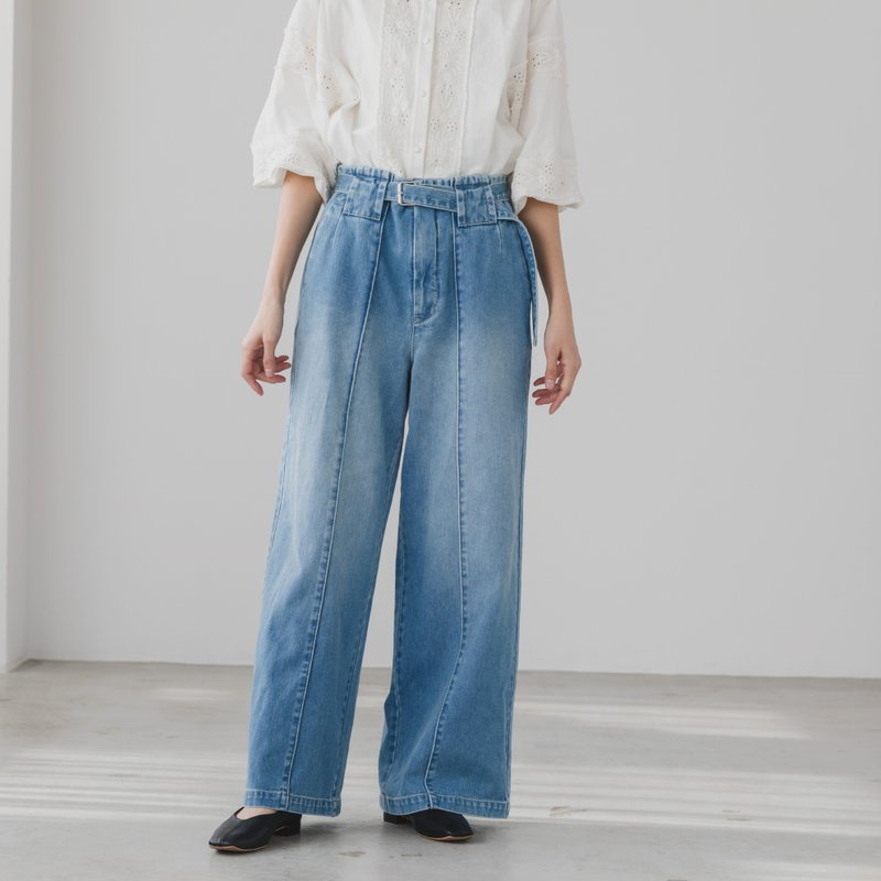 渐层宽管牛仔裤・10.5oz 经典丹宁・仿旧・蓝 - 中性裤装 - 棉．麻 蓝色