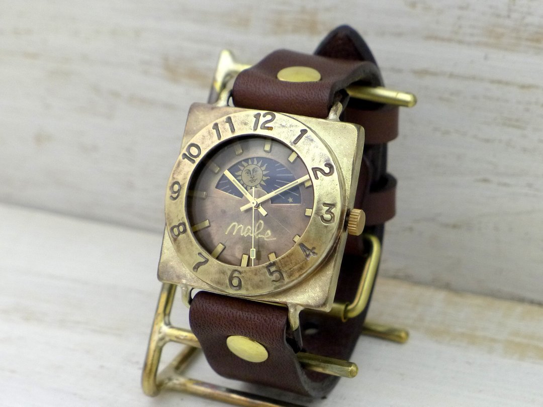 手作腕表 CUBE-JB6-S&M 36mm 黄铜方形 Sun&Moon (JUM140S&M BR) - 女表 - 铜/黄铜 金色