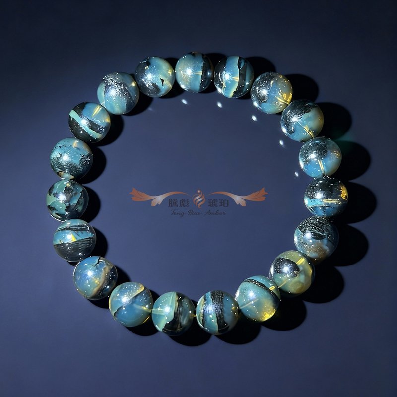 腾彪琥珀天然琥珀 缅甸意象植物翁珀 琥珀聚宝盆 绿萤光猫眼 手链 - 手链/手环 - 半宝石 黑色