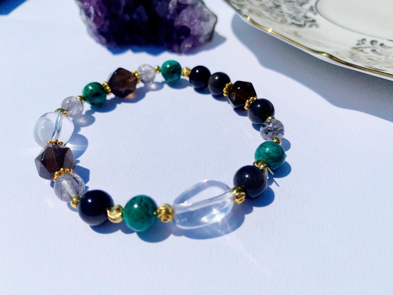 黑曜石银曜石 凤凰松 茶晶 发晶 白水晶 ||领导 避邪净化水晶手链 - 手链/手环 - 水晶 绿色