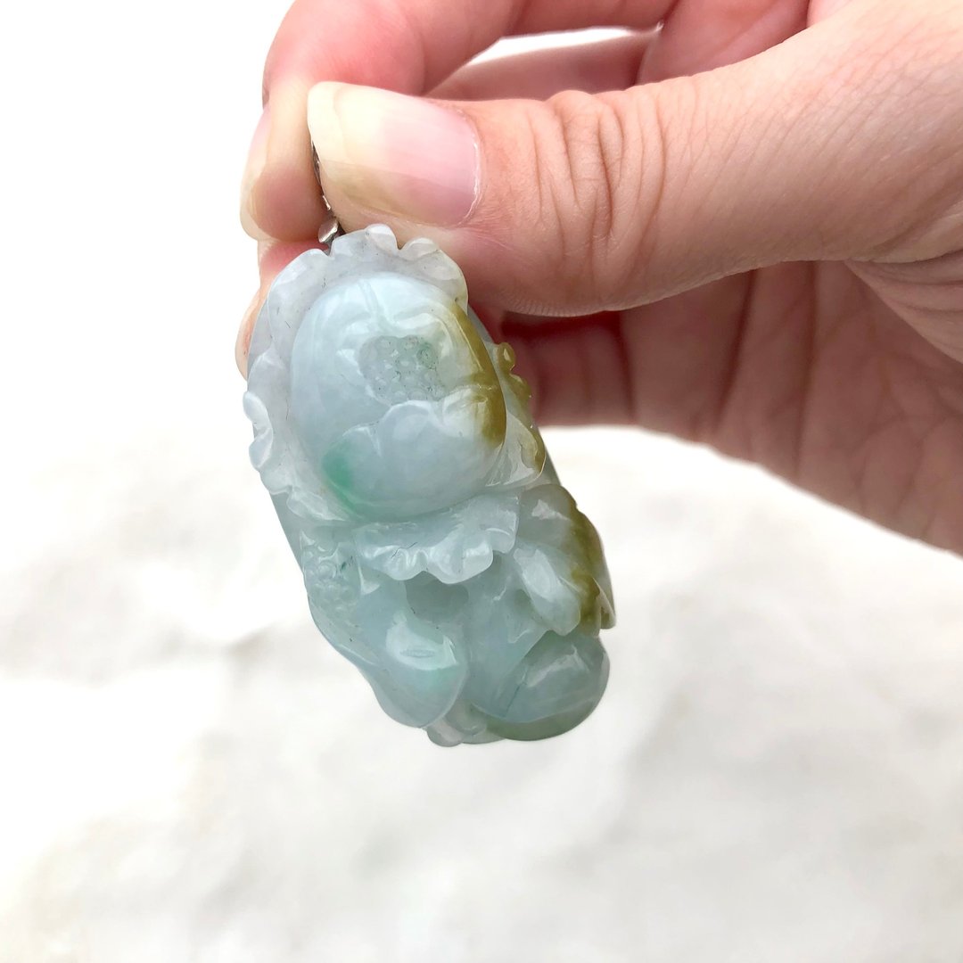 花开富贵多子多福-缅甸A货翡翠三彩糯底飘黄绿吊坠项链/s925银扣 - 项链 - 玉石 白色