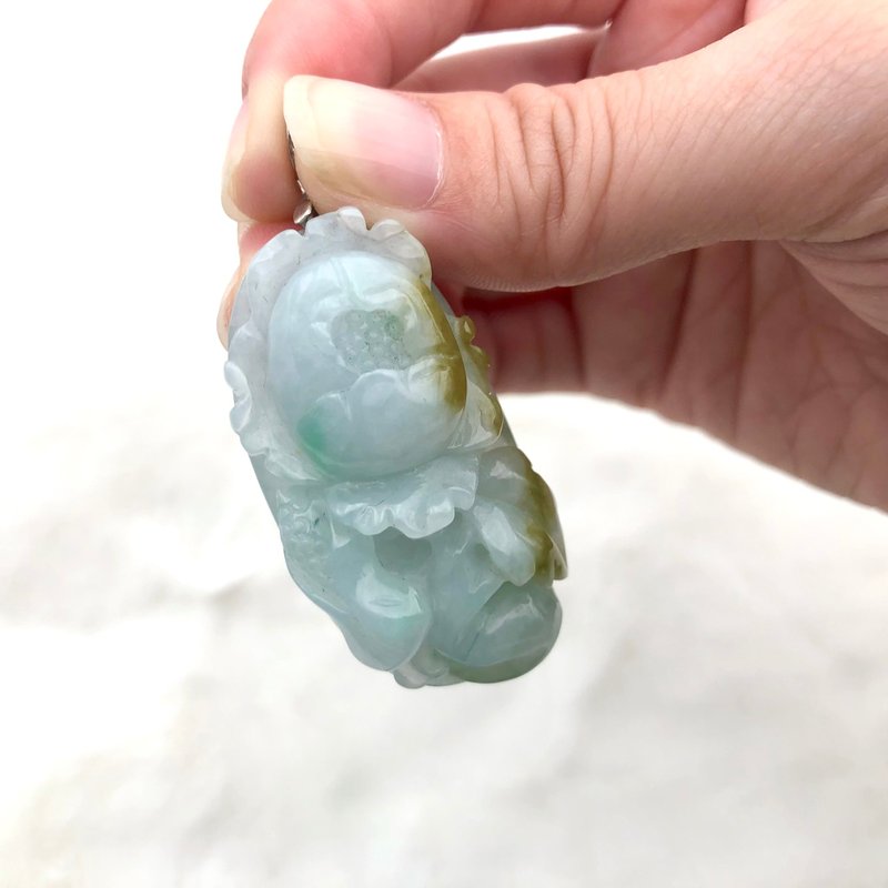 花开富贵多子多福-缅甸A货翡翠三彩糯底飘黄绿吊坠项链/s925银扣 - 项链 - 玉石 白色