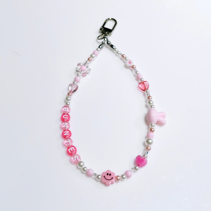 兔子串珠手机链 / 定制化字母 - 挂绳/吊绳 - 塑料 粉红色