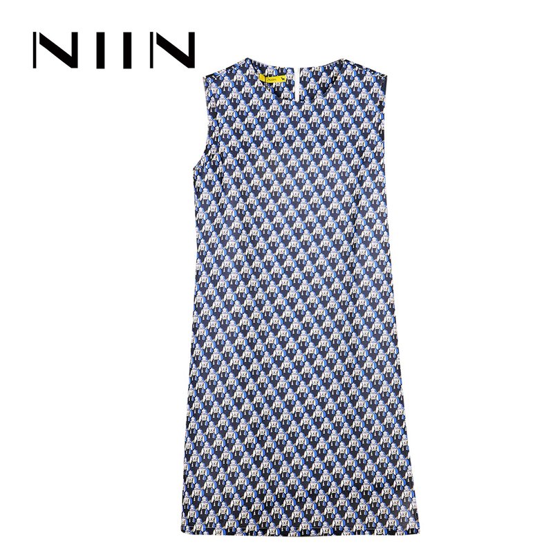 蓝色机器人印花网格圆领无袖侧边米白撞色针织拼接宽松N202014G70 - 洋装/连衣裙 - 聚酯纤维 蓝色