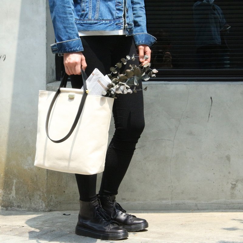 【定制化礼物】ADay真皮帆布托特包/摩卡、可可、黑(笔电、A4可放 - 手提包/手提袋 - 真皮 黑色