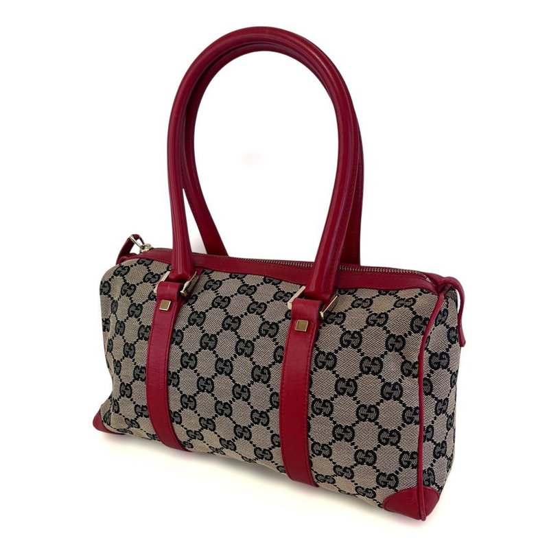 正品 GUCCI 迷你波士顿包手提包 GG 帆布皮革米色海军红000 0851 二手 - 手提包/手提袋 - 其他材质 