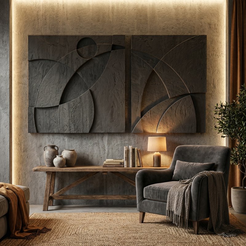 奢华混凝土双联画墙面艺术 手工工业雕塑 肌理画 - 墙贴/壁贴 - 水泥 灰色