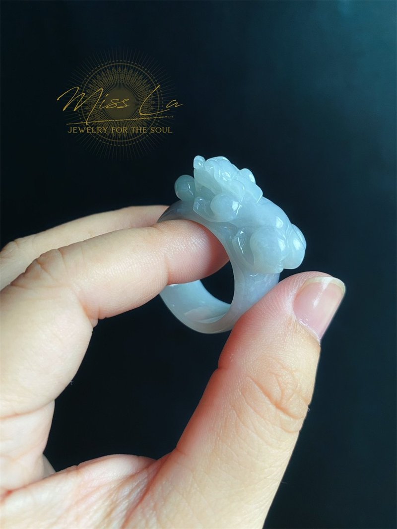 天然缅甸玉 翡翠 招财霸王 貔貅 有钱 翡翠 戒指 玉 戒环 ring - 戒指 - 玉石 绿色