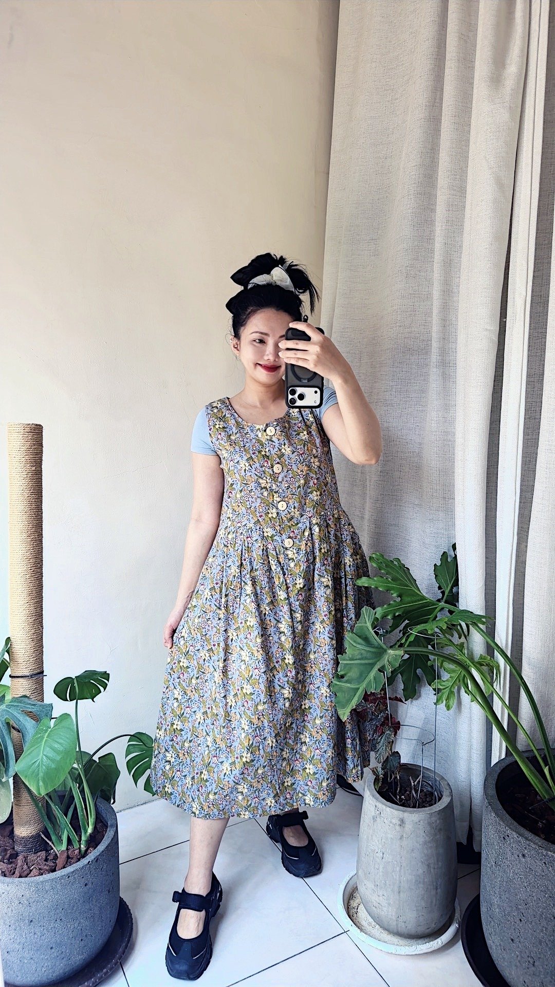初春百花盛开婴儿蓝排扣口袋 洋装连身裙连衣裙古着ドレス Dress - 洋装/连衣裙 - 棉 多色